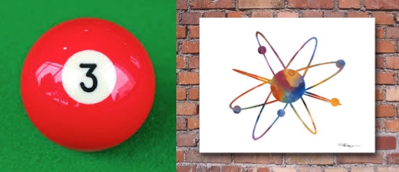 An actual photograph of a billiard ball (#3) and what we have in lieu of a photograph of an atom.