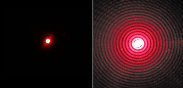 Left: Laser light going through a wide aperture. Right: laser light going through a very small aperture.