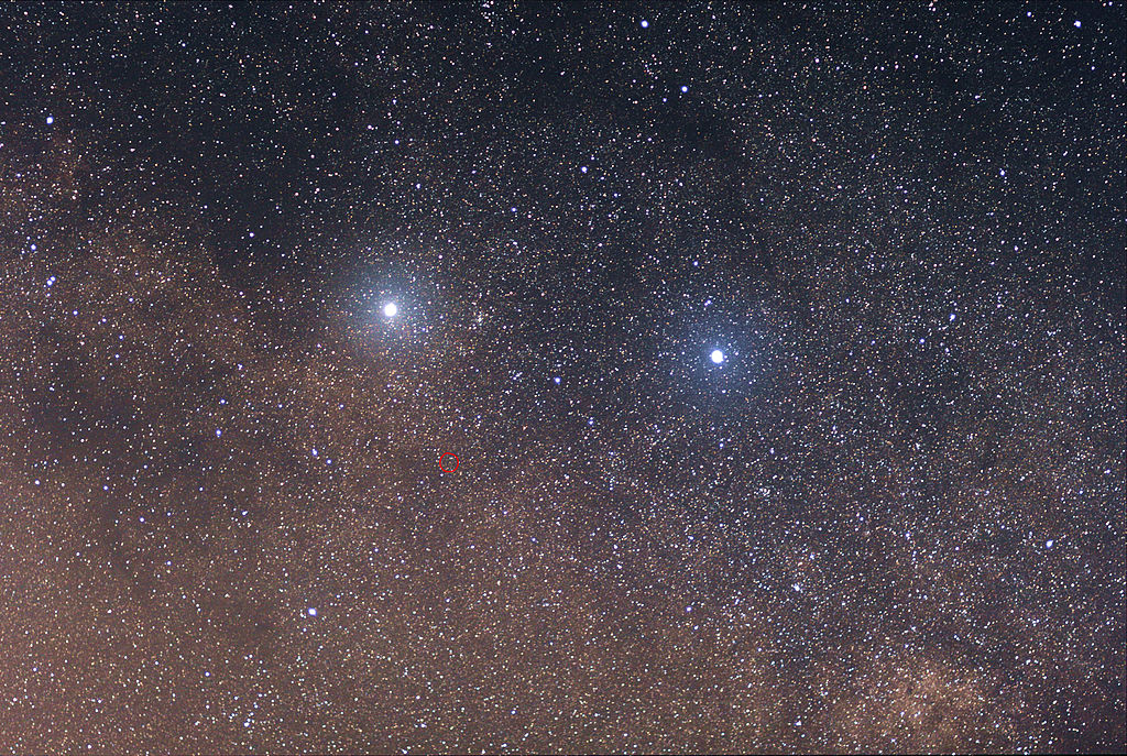 The bright stars are . Proxima is the nearly invisible star below them (click to enlarge and see anything).